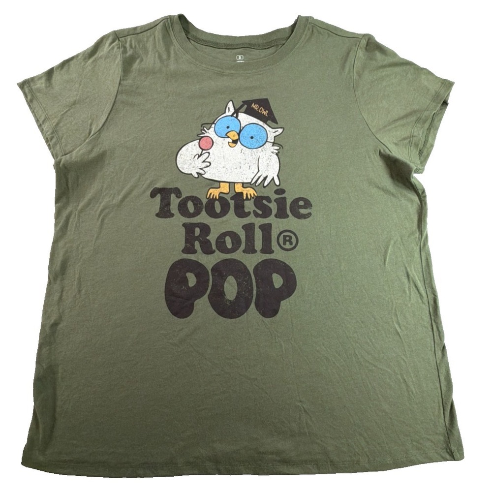 Tootsie Roll Pop Womens XL Green Mr Owl How Many Licks Candy Retro Graphic Tee